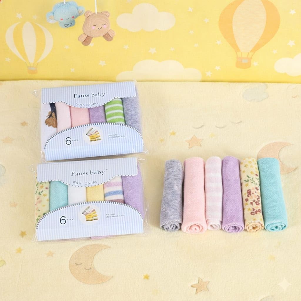 Fanss Baby Wash Cloths, 6 Pack, Soft Multicolour Infant Face Towels, Newborn Bath Wipes Set