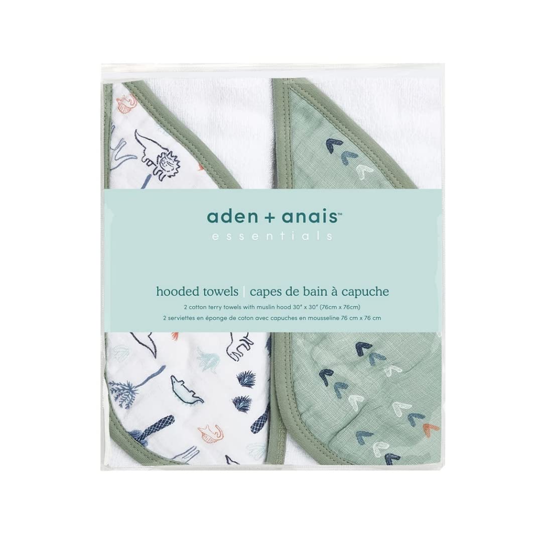 Aden + Anais Aden Classic Hooded Baby Bath Towel, Super Soft 100% Cotton, 2 Pack, Dinotime