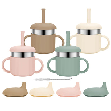 Esofficce Baby Sippy Cups, 7.4 Oz Stainless Steel Training Cup With Silicone Straws, 3 Stages For Infants Toddlers 6-12 Month An