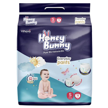 Honey Bunny Everyday Baby Diapers Pants | Small (S), 78 Count, 48 Kg | Silky Soft On Skin, Bubble Layer | 12 Hours Protection B
