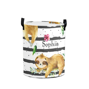 Custom Watercolor Sloth Stripes Laundry Basket Handles Collapsible Hamper Foldable Storage Bin Living Room Office Bathroom Bedro