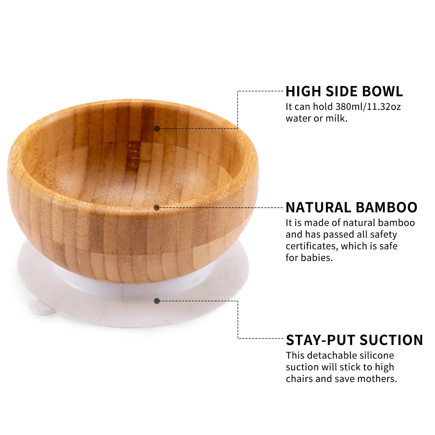 Baby Bamboo Bowls With Suction And Matching Spoon Set, 3 Piece Feeding Supplies Set For Infant, Toddlers, Detachable Silicone Su