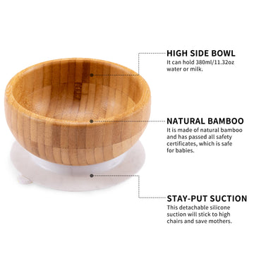 Baby Bamboo Bowls With Suction And Matching Spoon Set, 3 Piece Feeding Supplies Set For Infant, Toddlers, Detachable Silicone Su