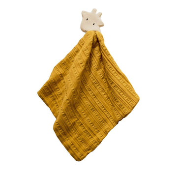 Giraffe Baby Comforter - Mustard Yellow Muslin with Organic Natural Rubber Teether | Safari Animal Soothing Toy | Soft, Easy-Gri