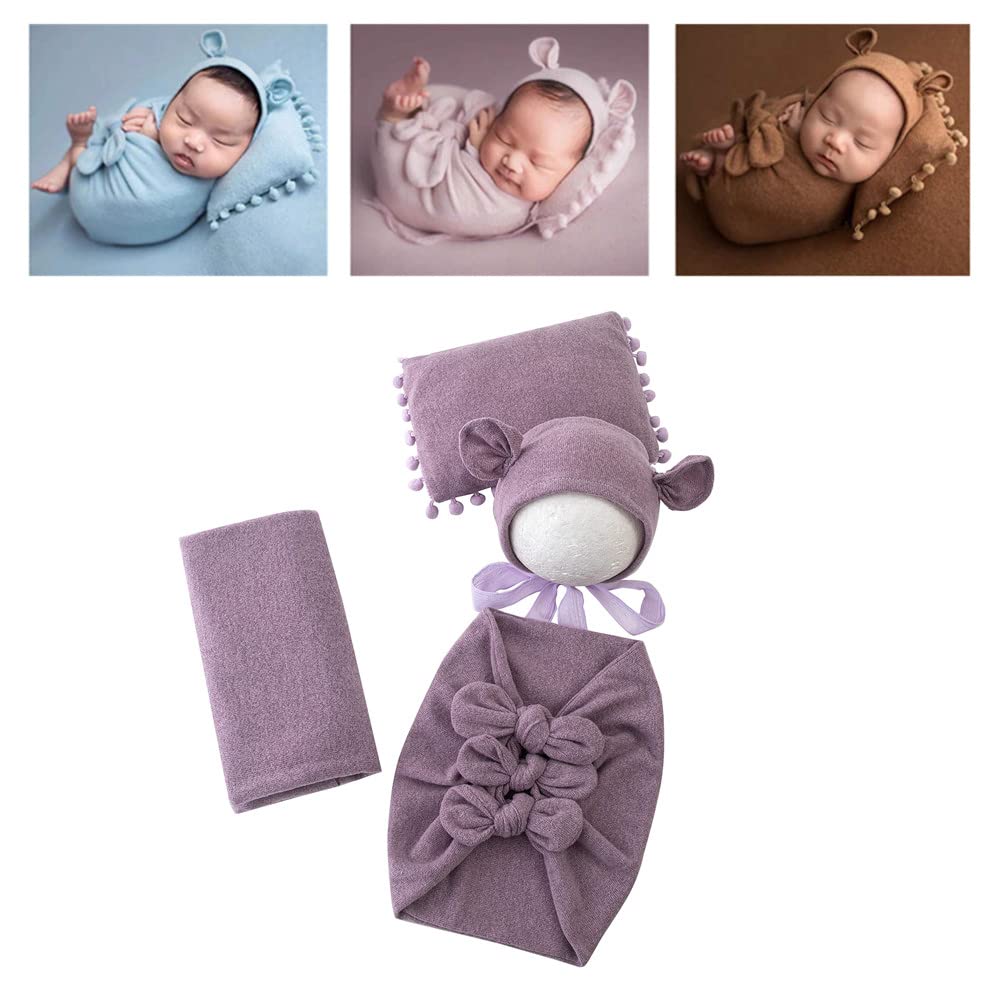 Vemonllas Newborn Baby Boy Girl Photography Props Bow Wrap, Posing Aid, Hat And Blanket Set Of 4 Pcs (Dark Purple)