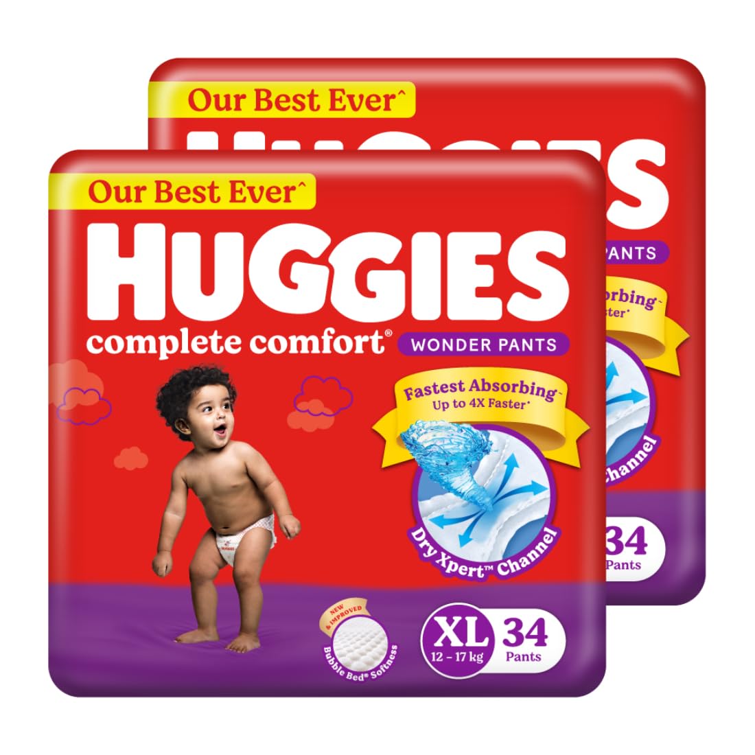 Huggies Complete Comfort Wonder Pants | Pant Style Baby Diapers Extra Large Size (Xl), 68 Count | IndiaS Fastest Absorbing Diap