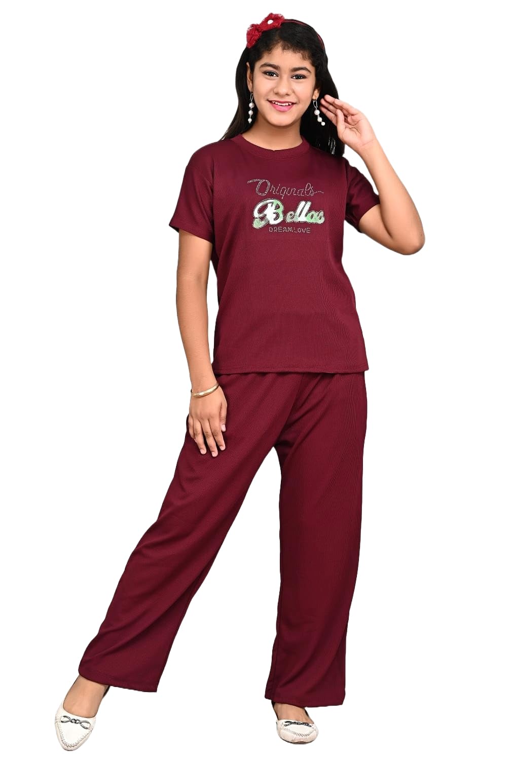 FELLAMO Girls Stretchable Fabric Printed Night Suit125 Maroon 1314Y