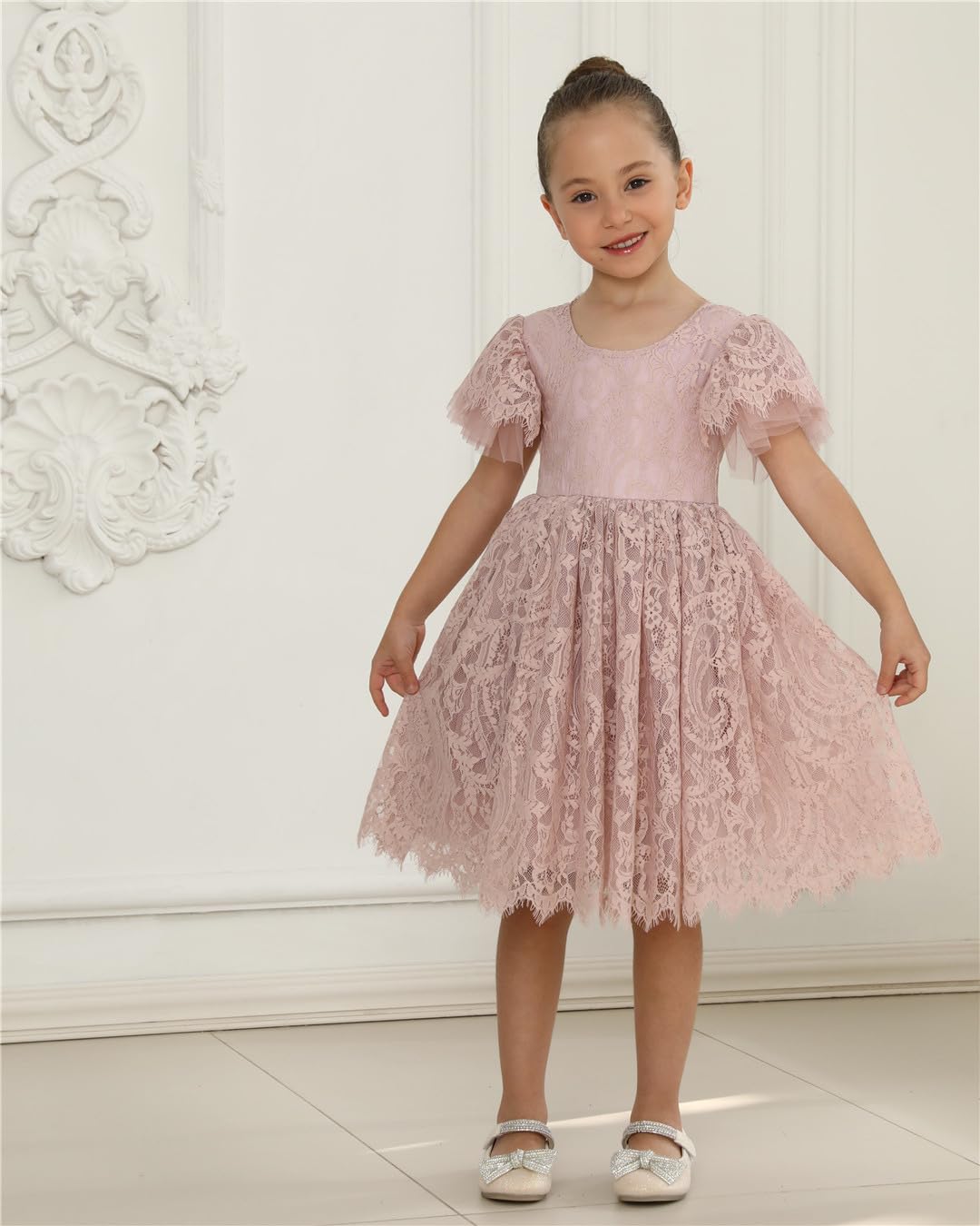 2Bunnies Girl Paisley Lace Back A-Line Tutu Tulle Party Flower Girl Dress (All Lace Flutter Sleeve Knee-Dusty Pink, 3T)