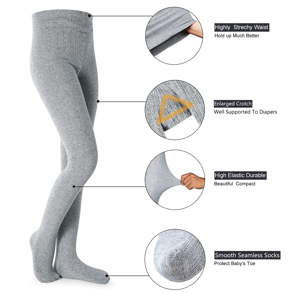 Petrass Girls Tights Toddler Cable Knit Cotton Footed Seamless Dance Ballet Baby Girls' Leggings 3 Pack Black/Ivory/Grey 3T-4T