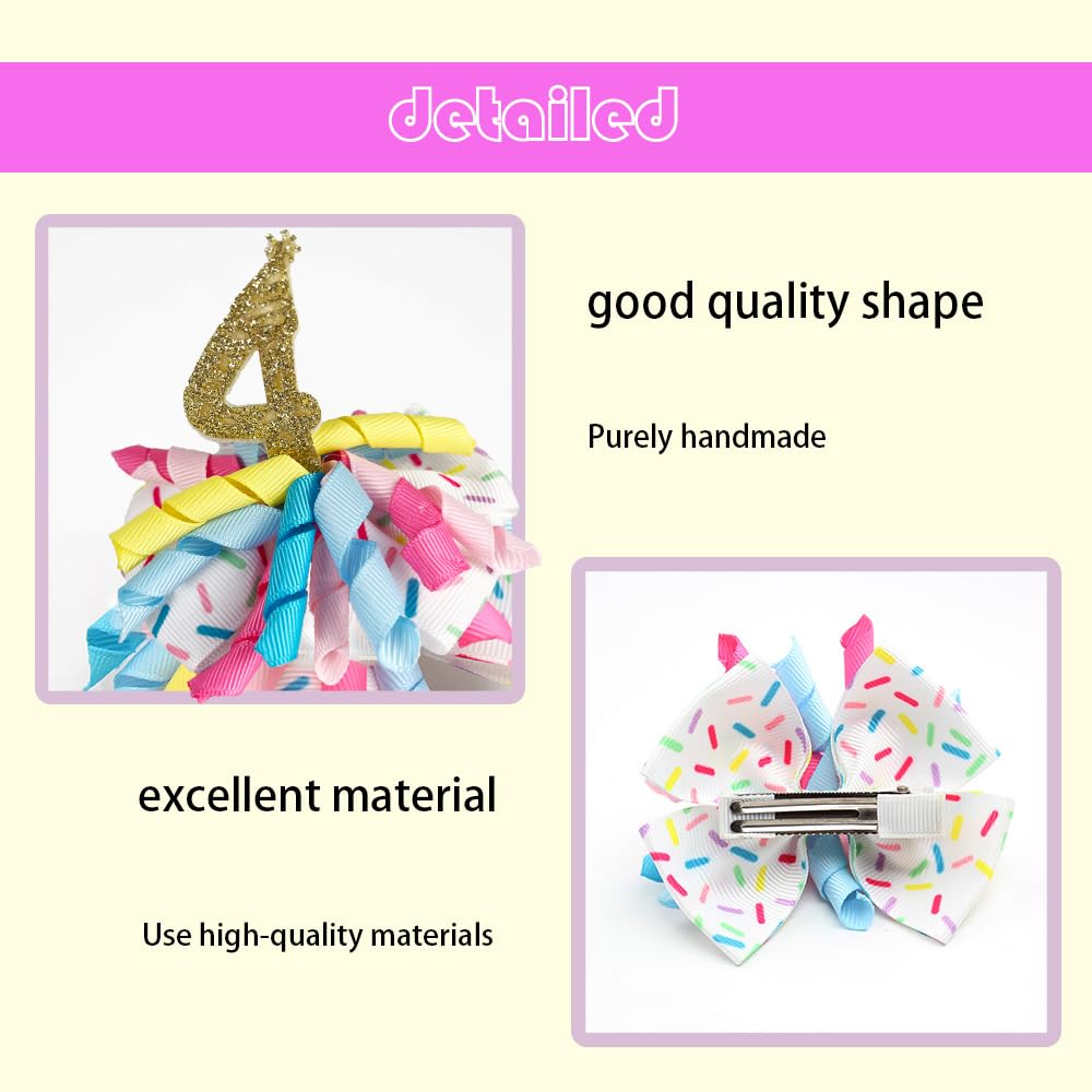 Birthday Hair Clips For Baby Girls - 2Pc Curly Ribbon With Gold Number Bow Hair Clips For 4Th Birthday Baby Bow Party Decoration