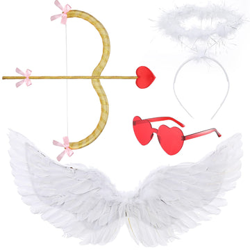 Coume Valentines Day Kids Angel Cupid Costume Set, Cupid Bow And Arrow Feather Wings Headwear Arrows Bow Valentine Heart Rimless