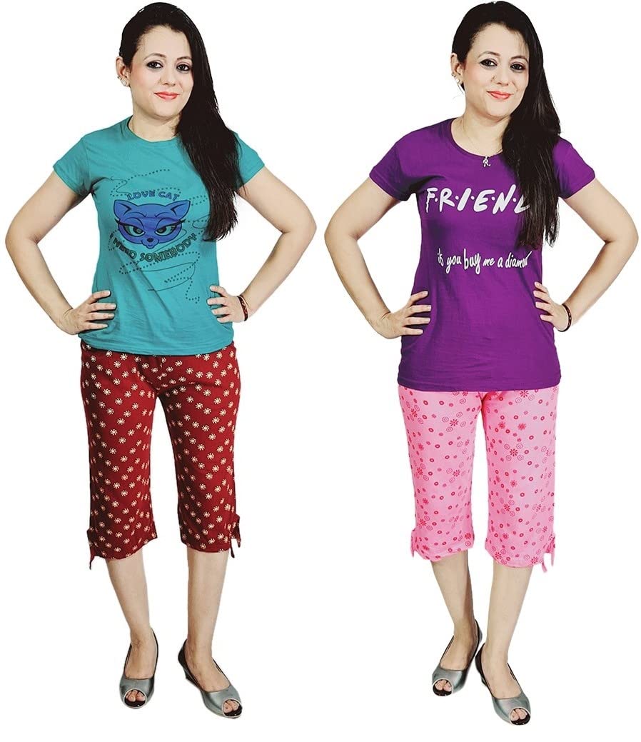 MUKHAKSH (Pack of 2 Sets = 2 Tops + 2 Capris Girls Printed Roatary Night Suit Tops + Capris 3/4, Print May Varyvery Comfortale M