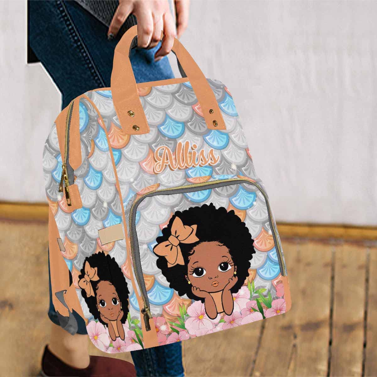 Artsadd Personalized Diaper Bag For Baby Girls, Orange Bow Tie Flower Travel Backpack Custom Multi-Function Mommy Nappy Baby Bag