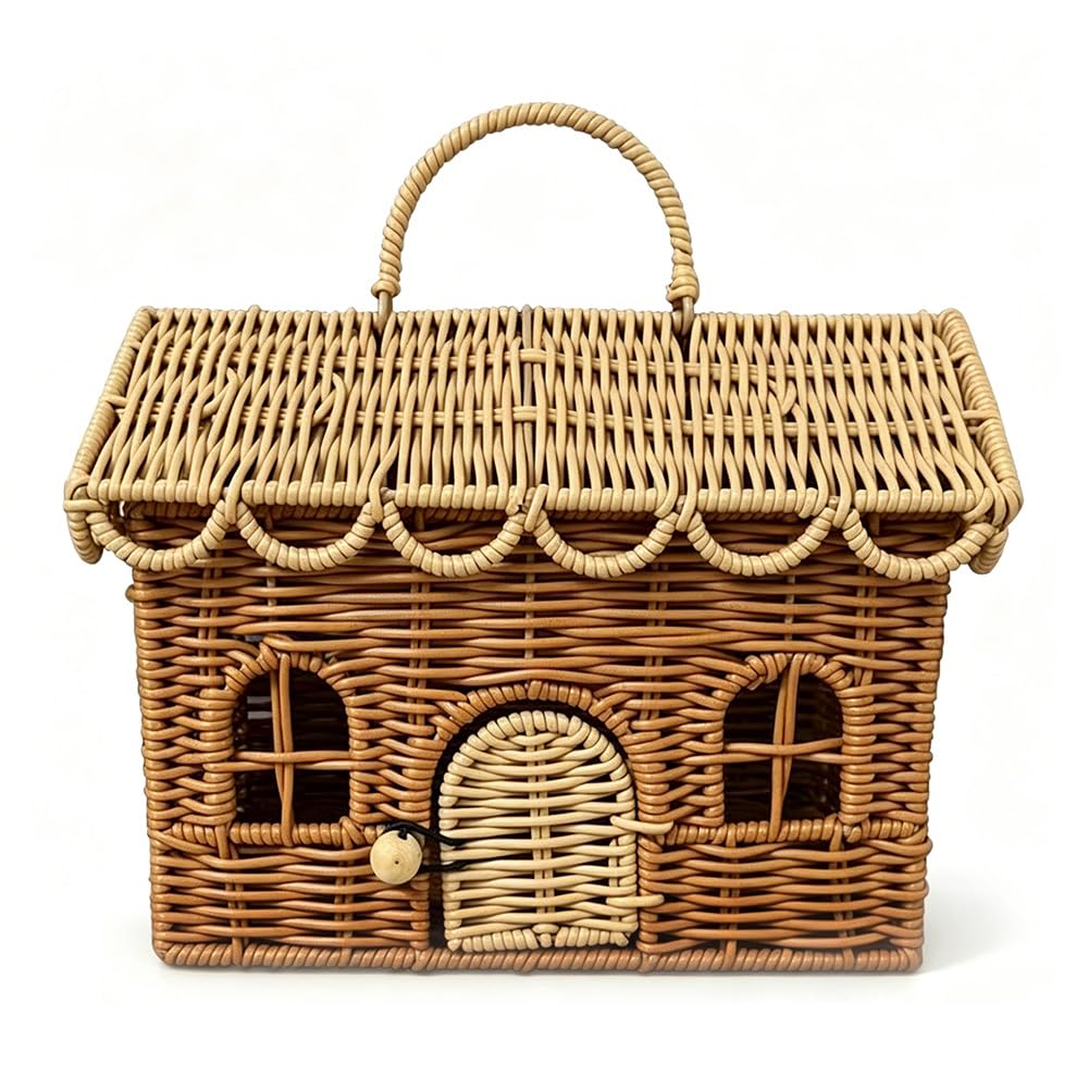 Wicker House Shaped Basket with Lid, Rattan Storage Basket for Picnic or Small Dollhouse, Decorative Woven Basket for Gift Wrapp