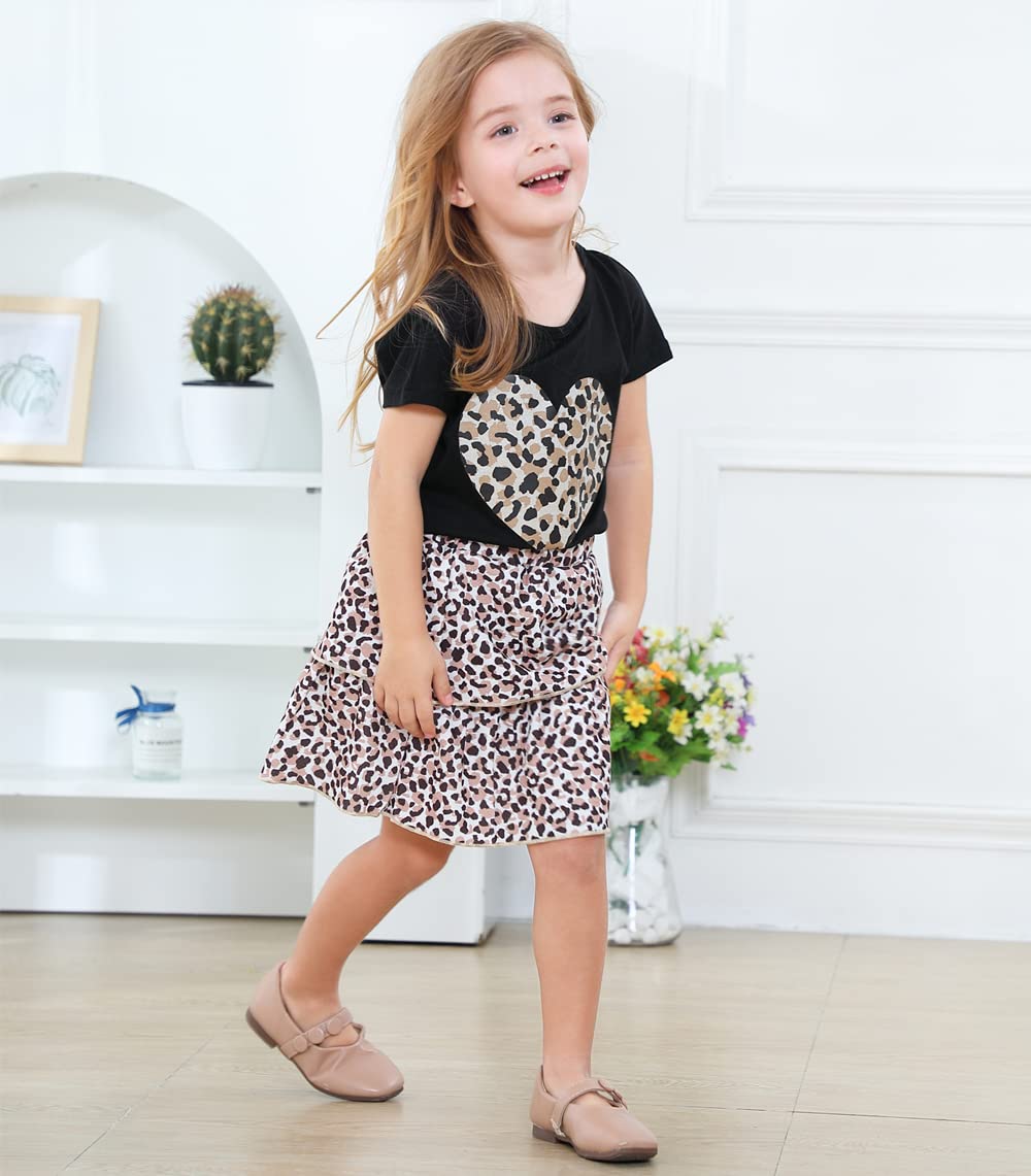Akyzic Girls Summer Outfit Two Piece Clothing Set Heart Print Shirt Cheetah Print Layered Back To School Skirt Sets 6 Years
