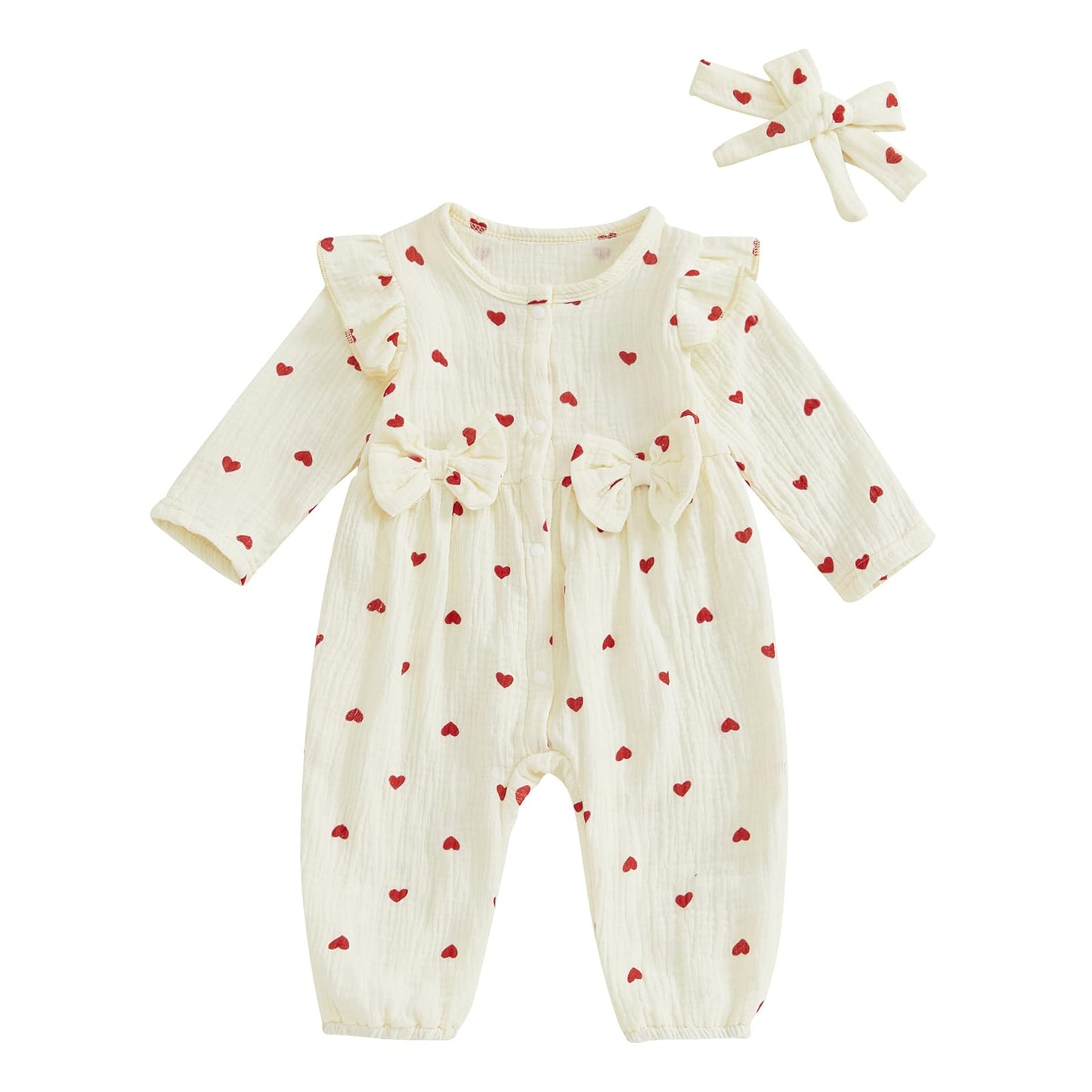 Sasaerucure Infant Baby Girl Valentines Outfit Long Sleeve Heart Jumpsuit Newborn Baby Girl Smocked Bubble Romper + Headband (Ap