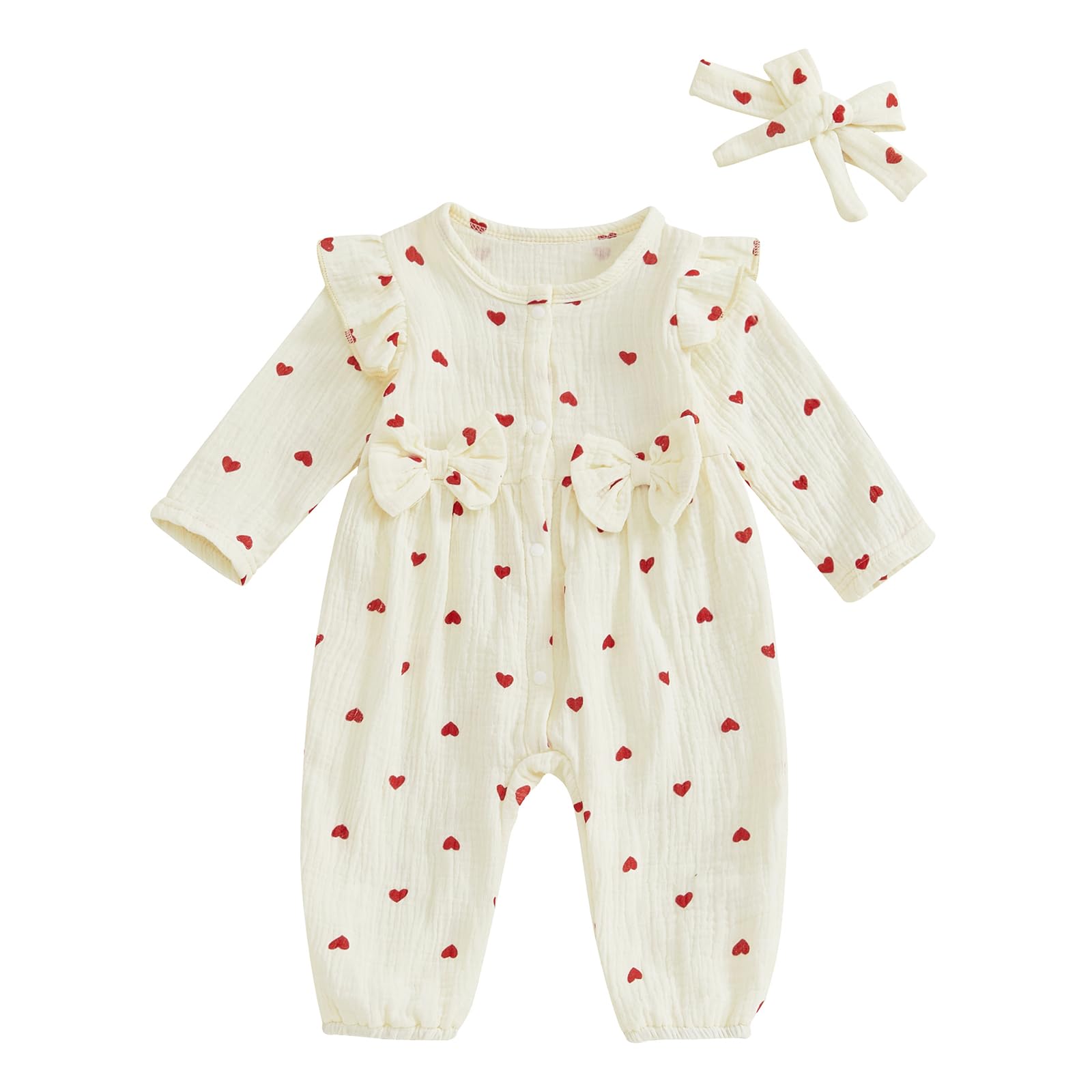 Sasaerucure Infant Baby Girl Valentines Outfit Long Sleeve Heart Jumpsuit Newborn Baby Girl Smocked Bubble Romper + Headband (Ap