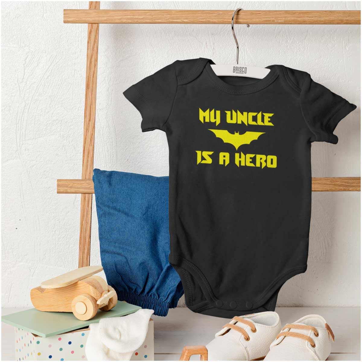 Brisco Brands My Uncle Is A Hero Superhero Bat Baby Romper Boys Or Girls