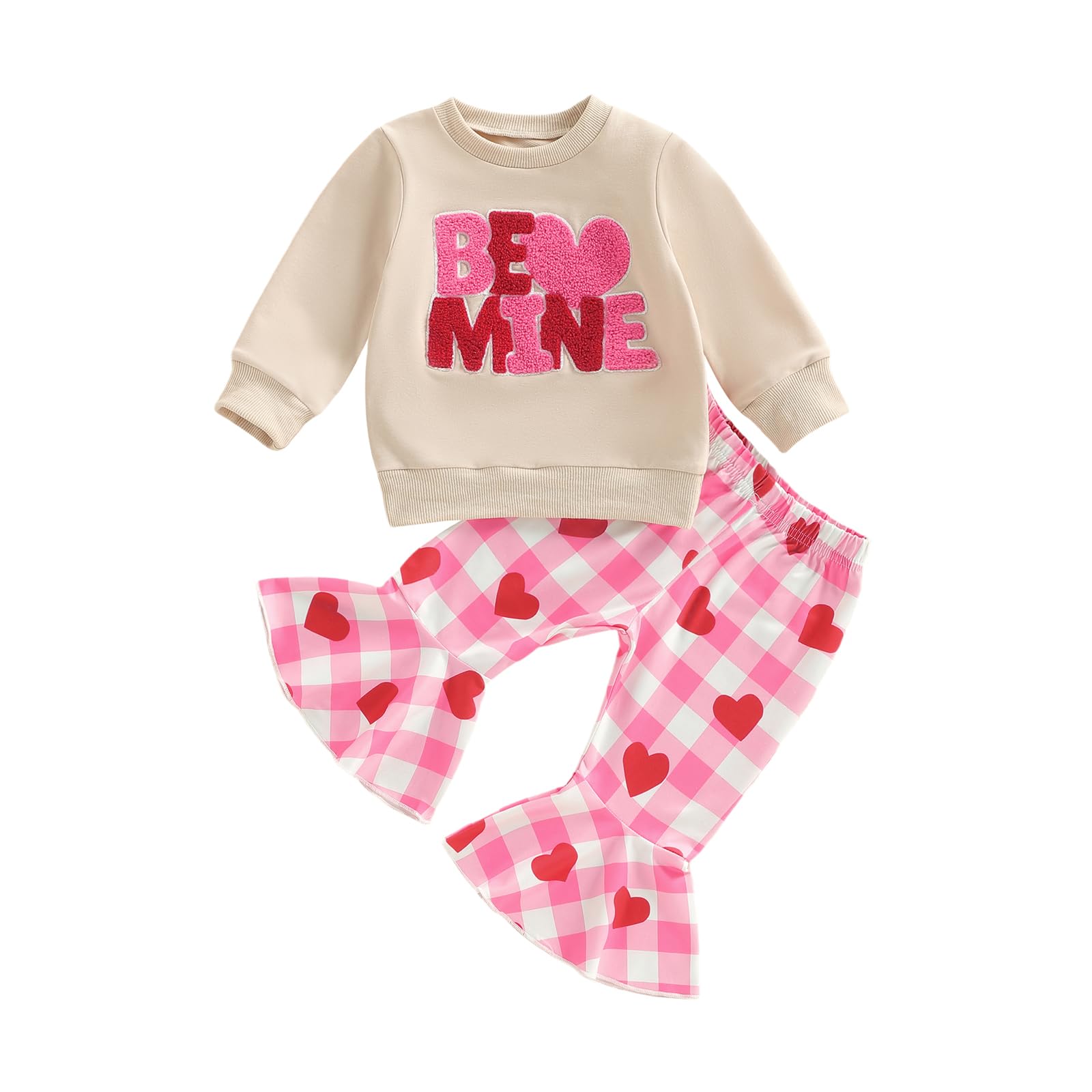 Toddler Girls Valentines Day Outfit Shirt Be Mine Heart Sweatshirt Gingham Bell Bottoms Top Flared Pants Set (Red Valentines, 12