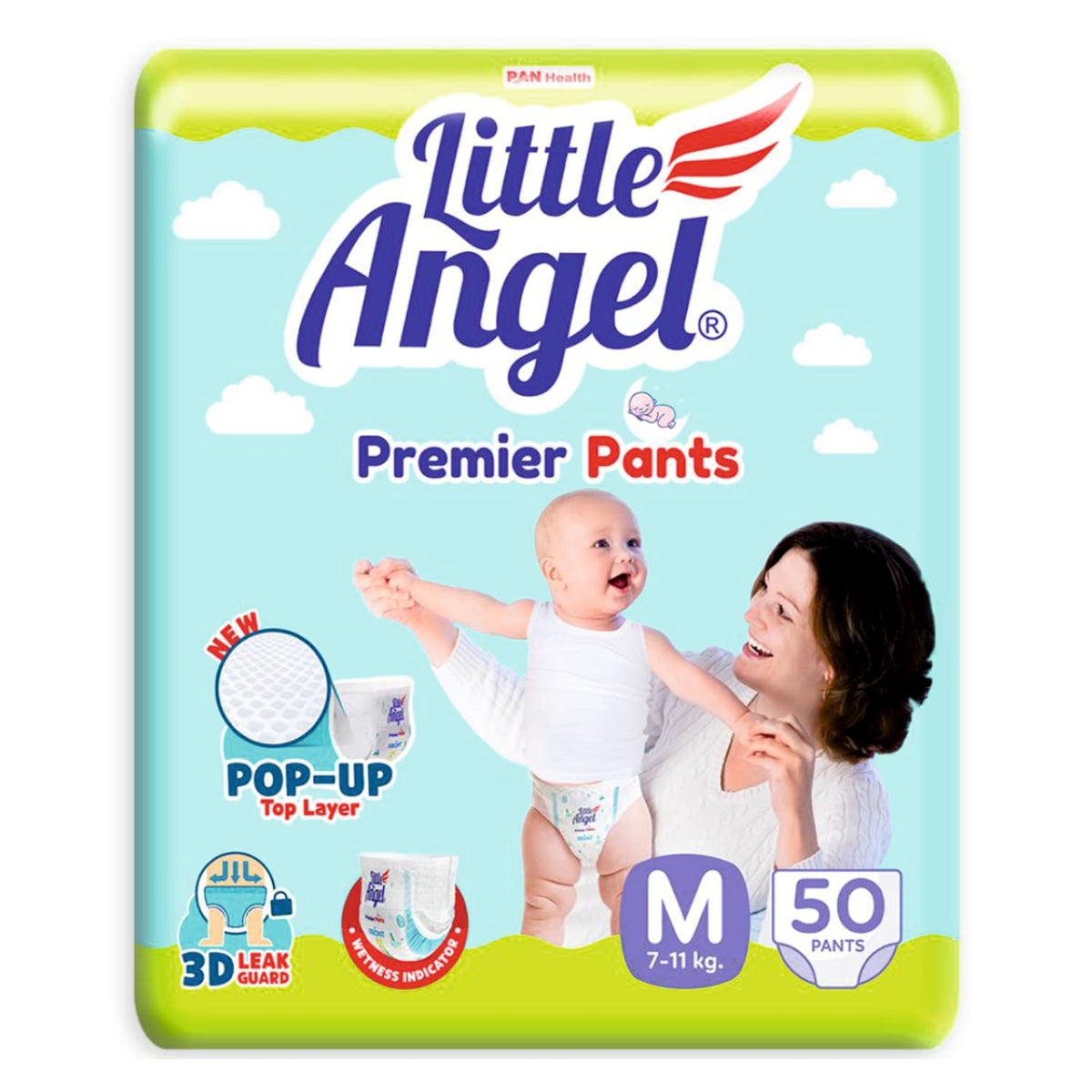 Little Angel Premier Pants Baby Diapers, Medium (M) Size, 50 Count, Cottony Soft Material, Breathable, Extra Dry Core, Stretchab