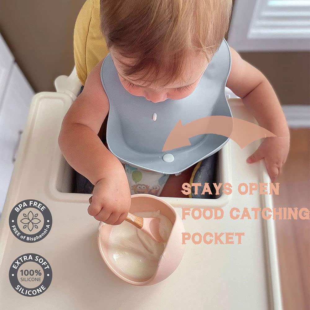 Ginbear Silicone Bibs For Babies, Waterproof Adjustable Silicon Rubber Baby Feeding Bibs With Food Catcher Pocket For Toddlers 6