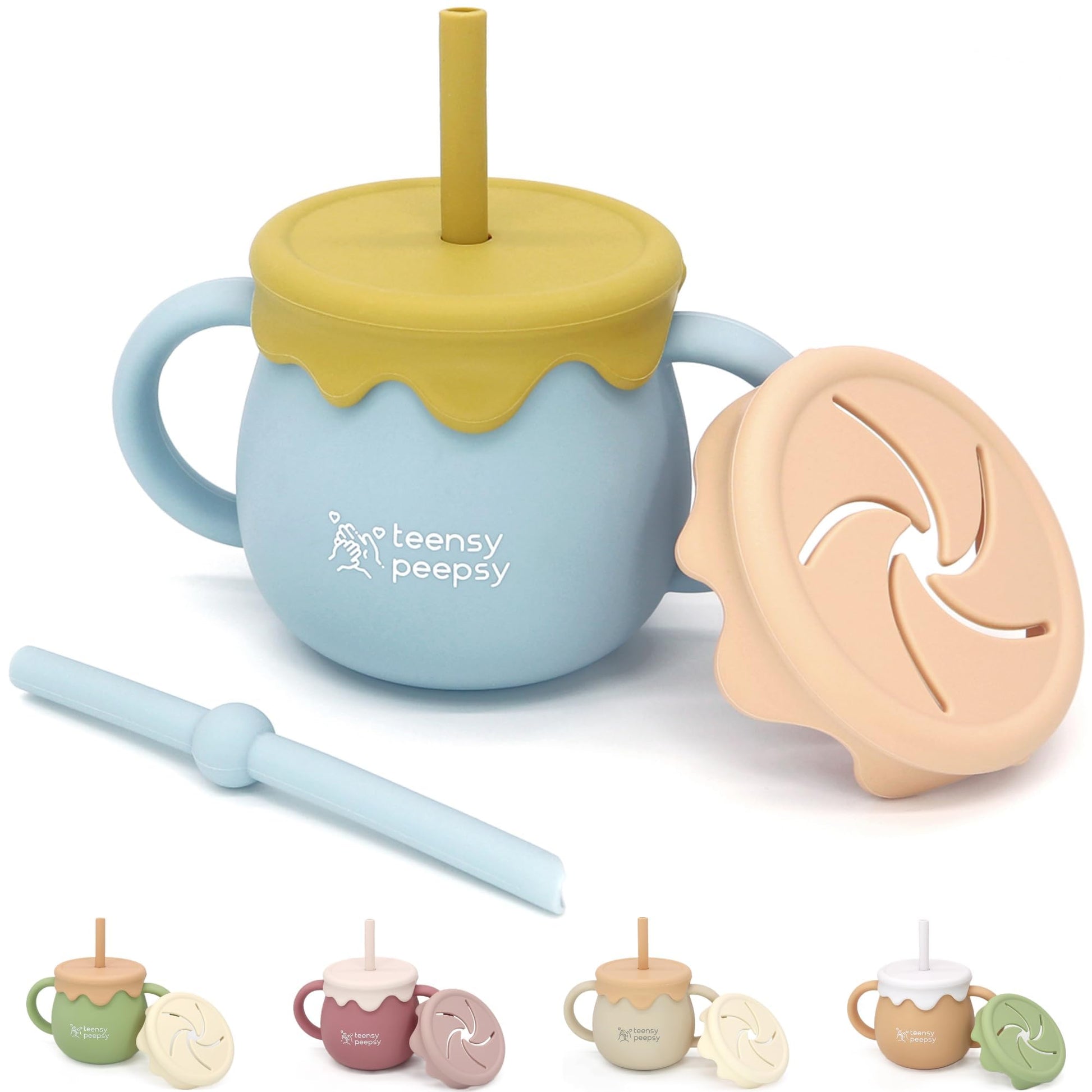 Teensy Peepsy Honey Jar Blue 3-in-1 Silicone Training Cup 8.5oz, Baby Sippy Cup with Straw & Snack Cup for 6 months+ Straw Cup f