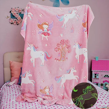 Magical Unicorn Fairy Fleece Blanket, Pink and White, Soft Plush Throw with Fantasy Theme Pattern, Perfect for Girls Room Decor 