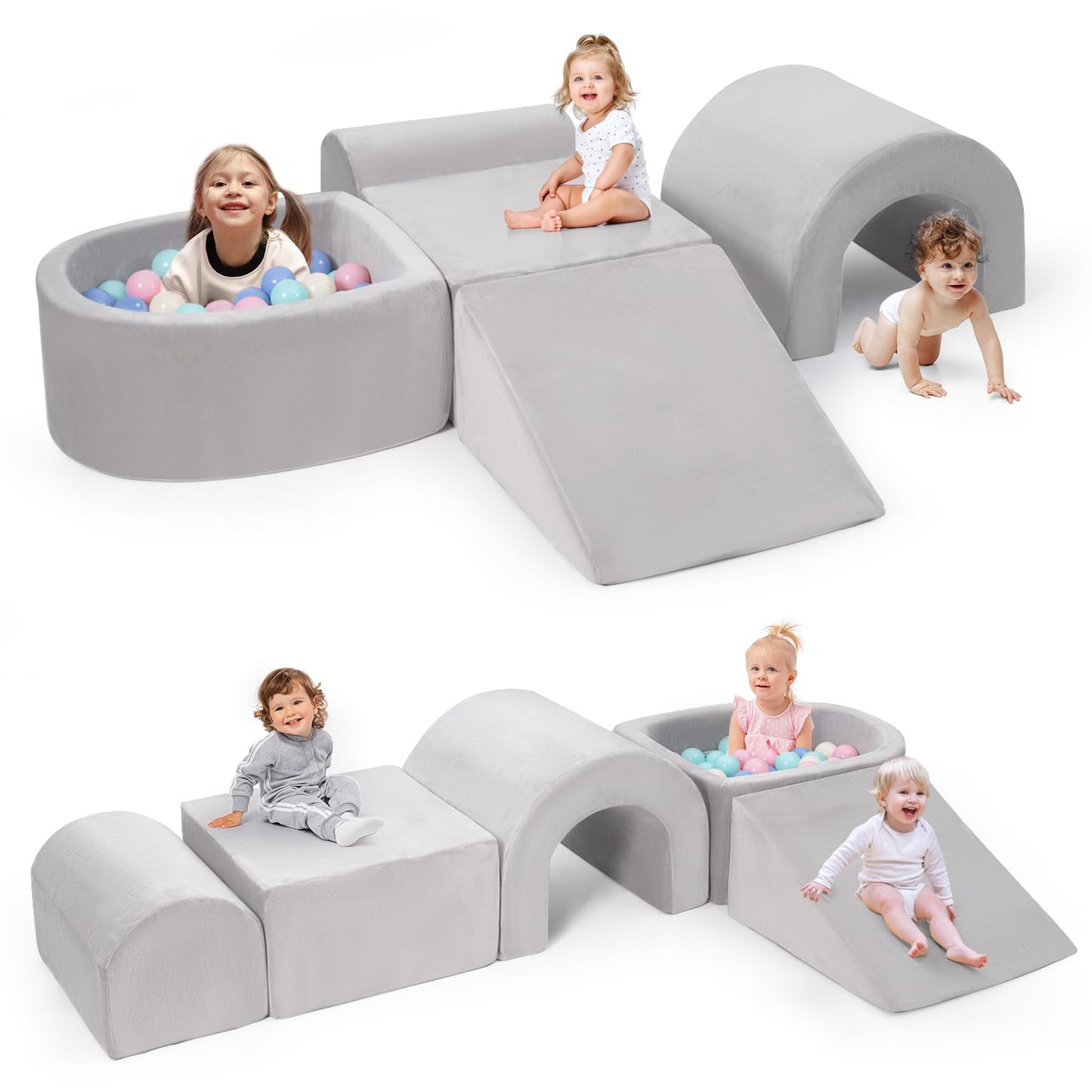 Rinnebbit Foam Climbing Blocks for Toddlers, 5-Piece Tunnel Climber and Crawl Playset, Indoor Activity Play with Ball Pit, Machi
