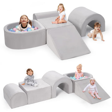 Rinnebbit Foam Climbing Blocks for Toddlers, 5-Piece Tunnel Climber and Crawl Playset, Indoor Activity Play with Ball Pit, Machi