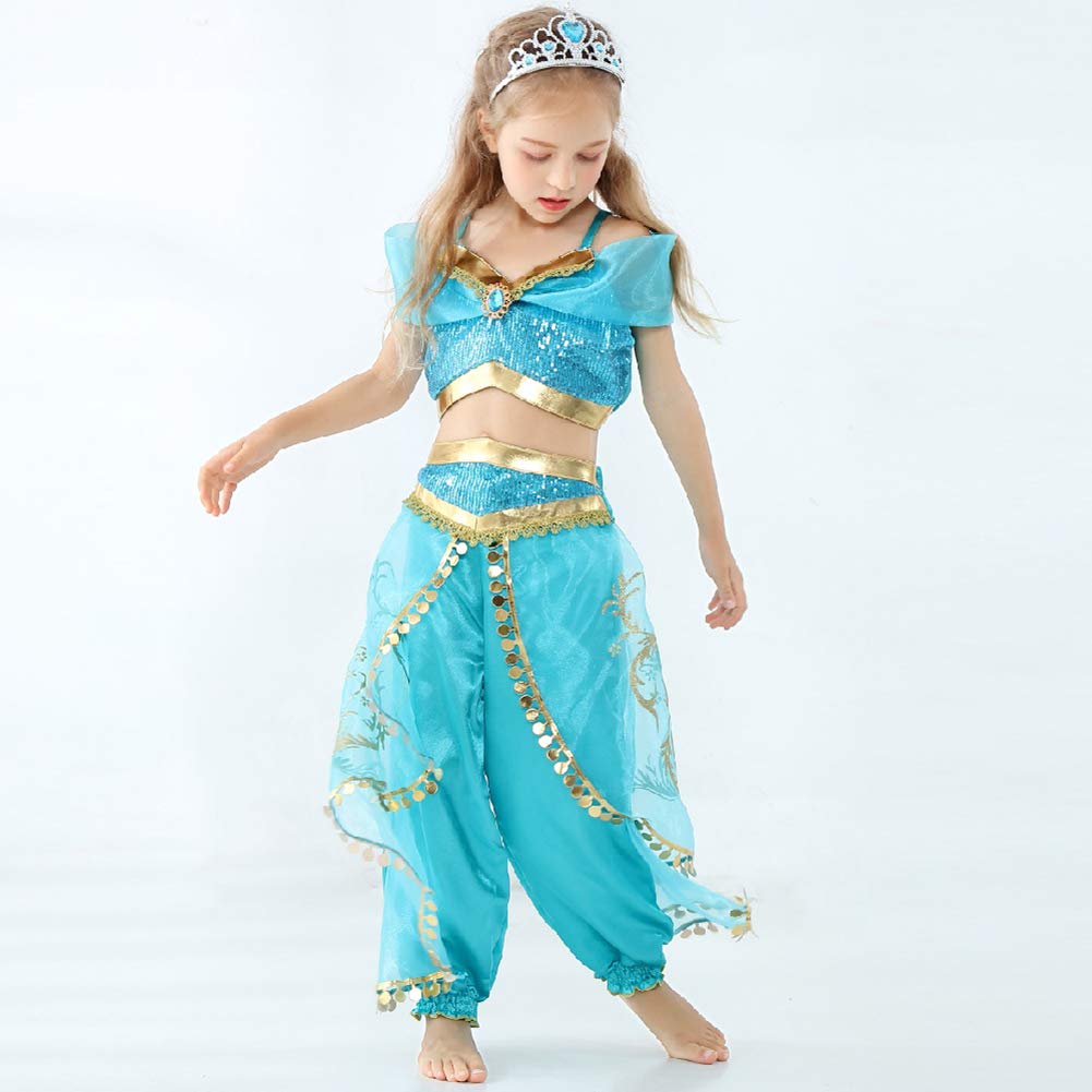 Girls Jasmine Costume Arabian Princess Jasmine Cosplay Costume With Headband Accessories Halloween Party Dress Up Costume For Ki