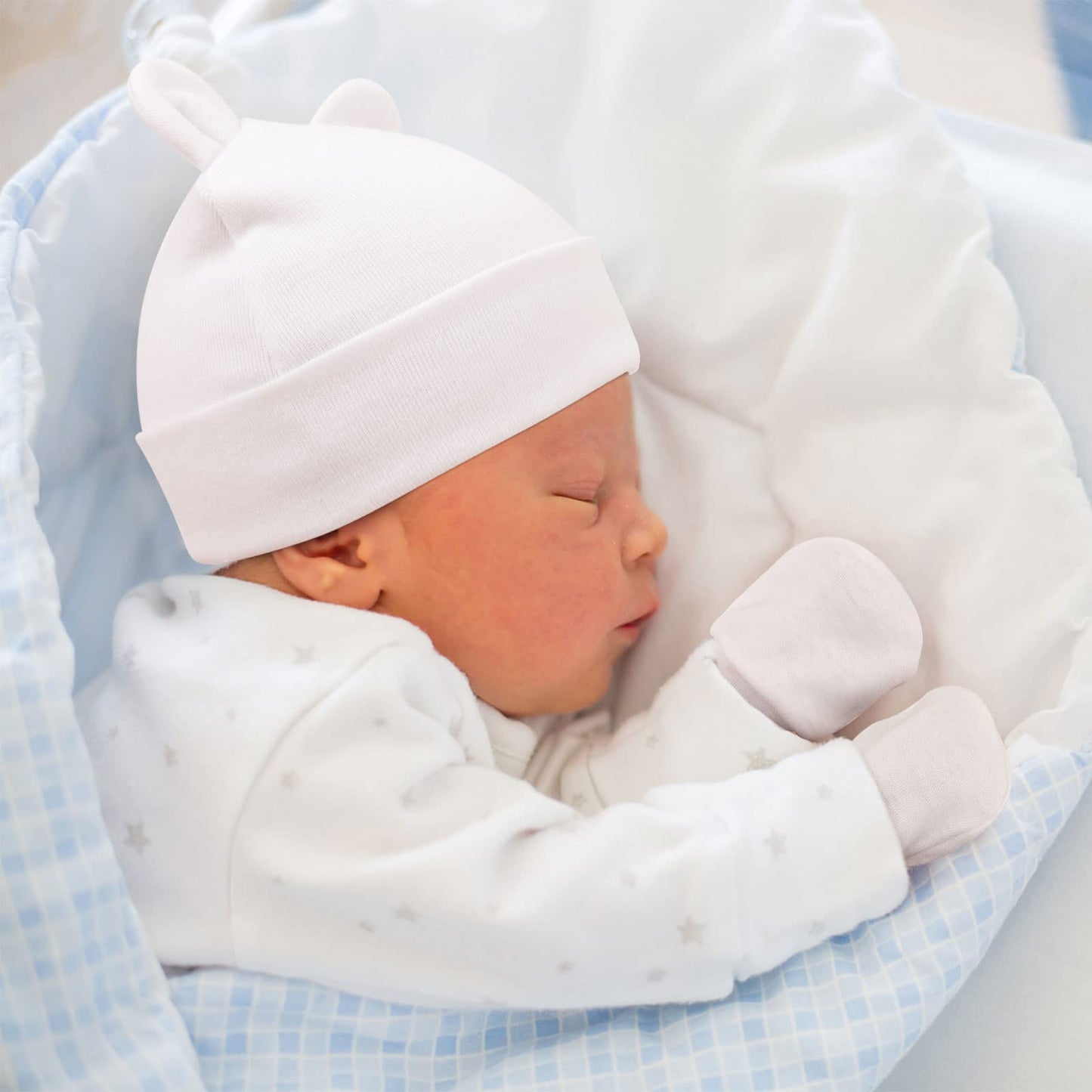 Bqubo Newborn Baby Hats Mittens Set For Boys Girls Hospital Hat Beanie Bear Ears Infant Caps Baby Cotton Gloves No Scratch Mitte