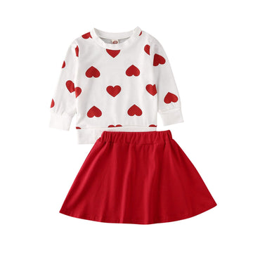 Toddler Girl Valentines Day Outfit Love Heart Sweatshirt Long Sleeve Shirts And Red Skirts Set Winter Spring Clothes (Red Heart
