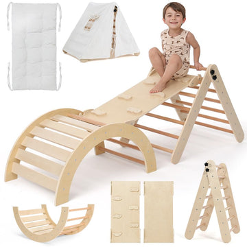 Pikler Triangle Set With Cushion, 8-In-1 Toddler Climbing Toys Indoor, Wooden Montessori Climbing Set With Arch Ramp,Ladder&Tent