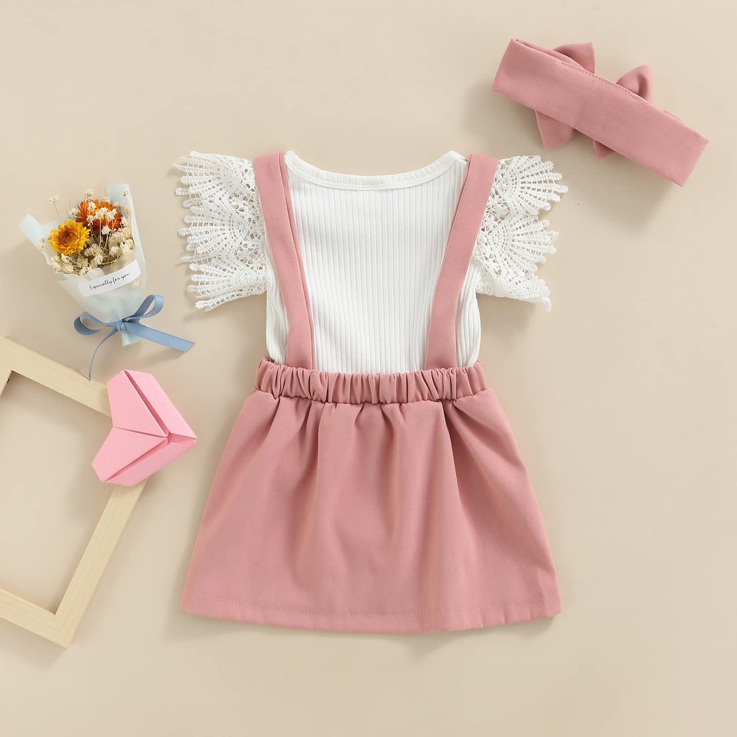 Infant Girls Summer 3Pcs Outfit Sets Ruffle Short Sleeve Ribbed Romper + Suspender Skirt + Headband (A-Pink, 12-18 Months)