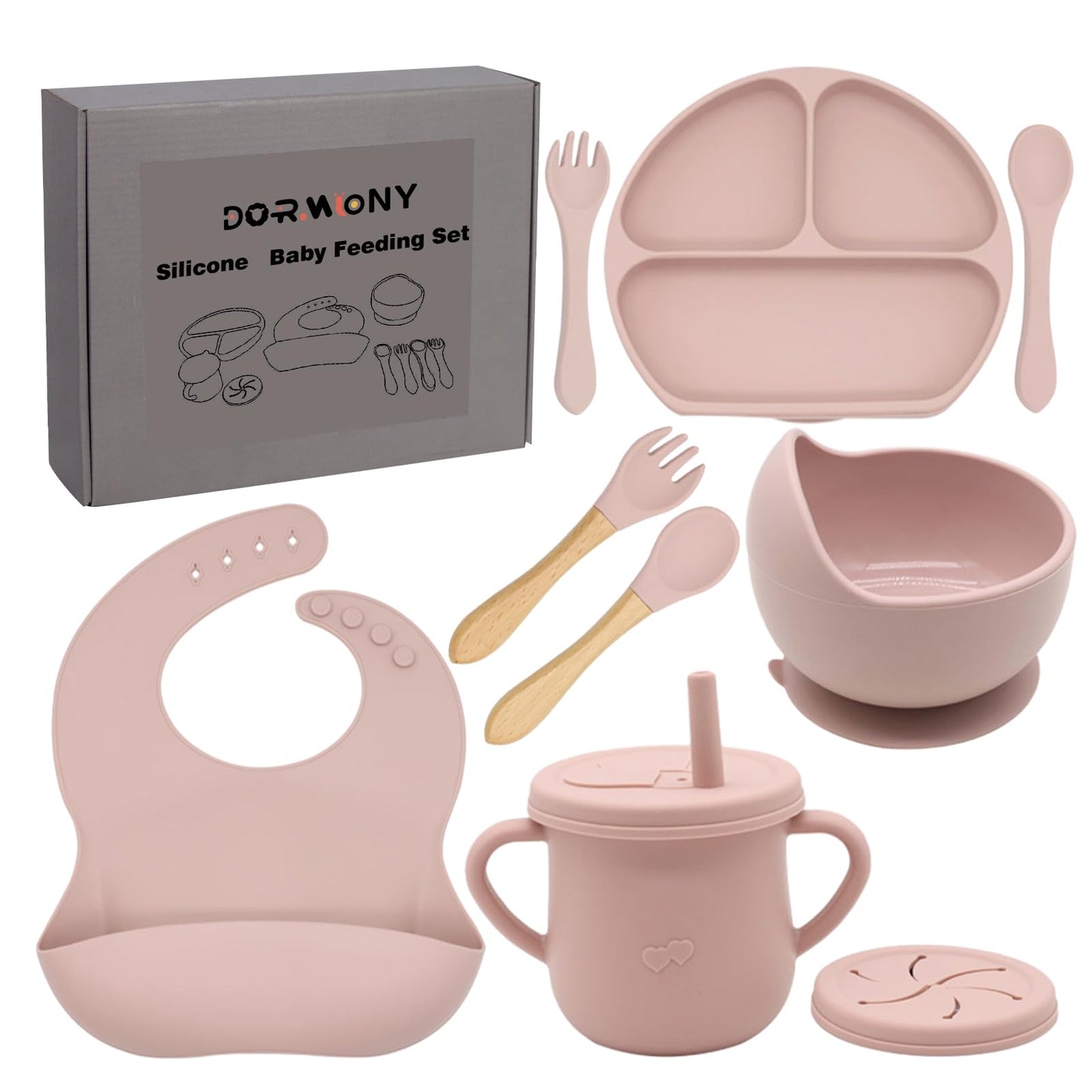 Dormlony 100% Silicone Baby Feeding Set,BPA Free Baby Dishes Set with Suction Bowl Divided Plate,Toddler Self Feeding Dish Set w