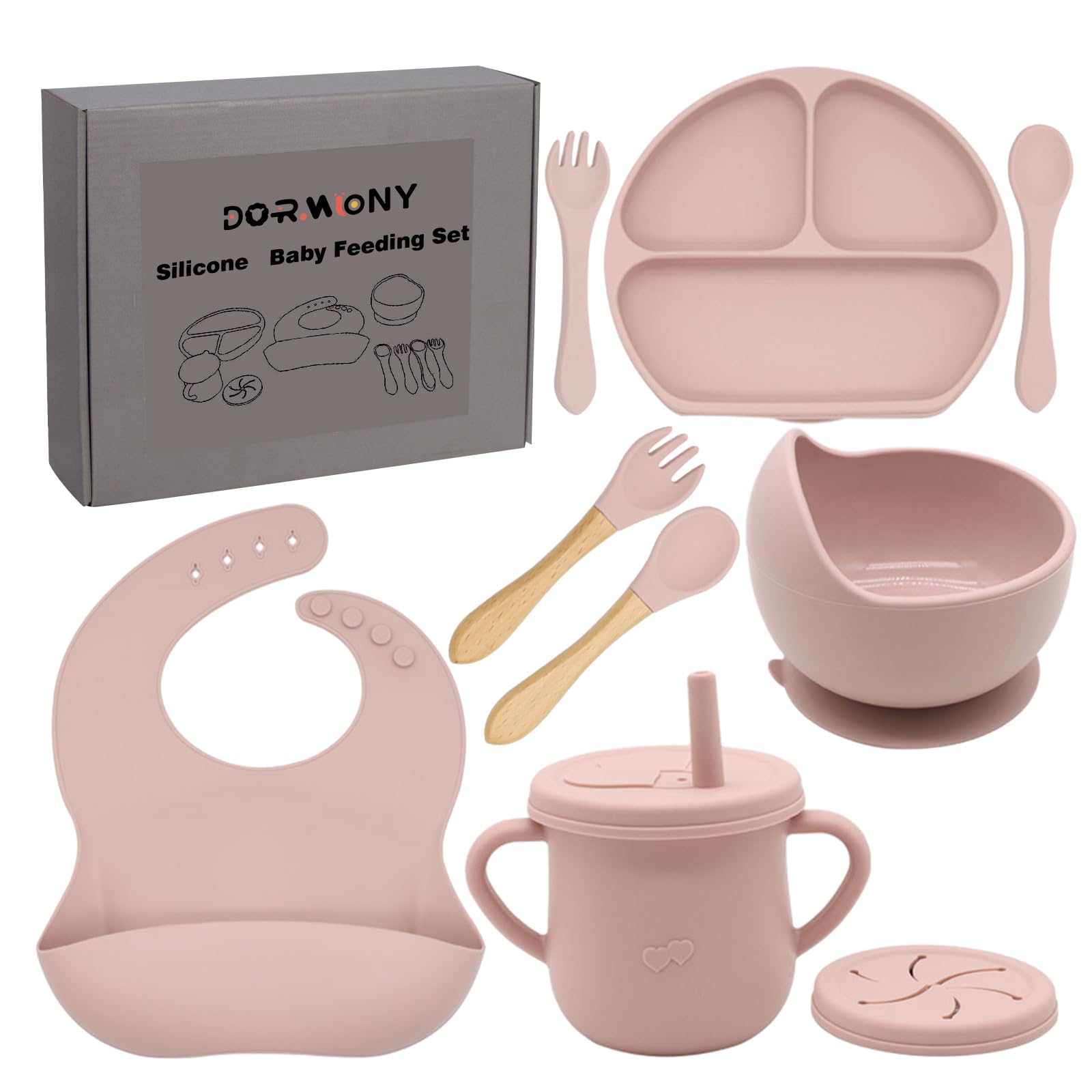 Dormlony 100% Silicone Baby Feeding Set,BPA Free Baby Dishes Set with Suction Bowl Divided Plate,Toddler Self Feeding Dish Set w