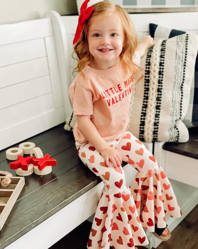 Fybitbo Toddler Baby Girl Valentines Day Outfit Little Miss Short Sleeve Tee Shirt Top Heart Bell Pants Spring Clothes (Heart Pr