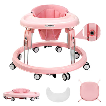 Uuoeebb Baby Walker with Wheels, One-Touch Folding Baby Walkers, 7-Speed Height Adjustment with Large Dinner Plate, Anti-Roll 8-