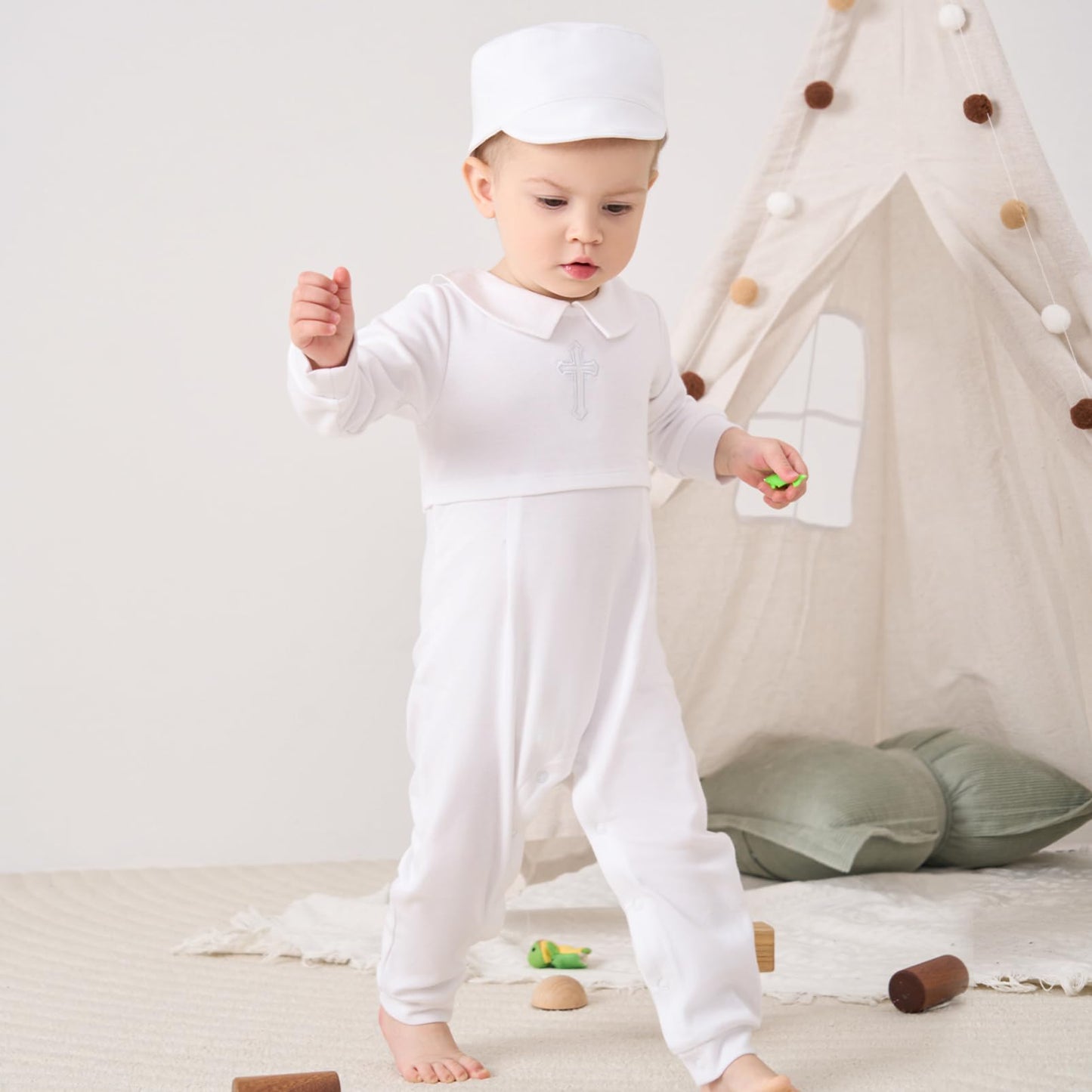Pureborn Baby Boys Baptism Outfits Long Sleeve Christening Romper Organic Cotton Jumpsuit With Bonnet And Bib 3 Pcs White 3-6 Mo