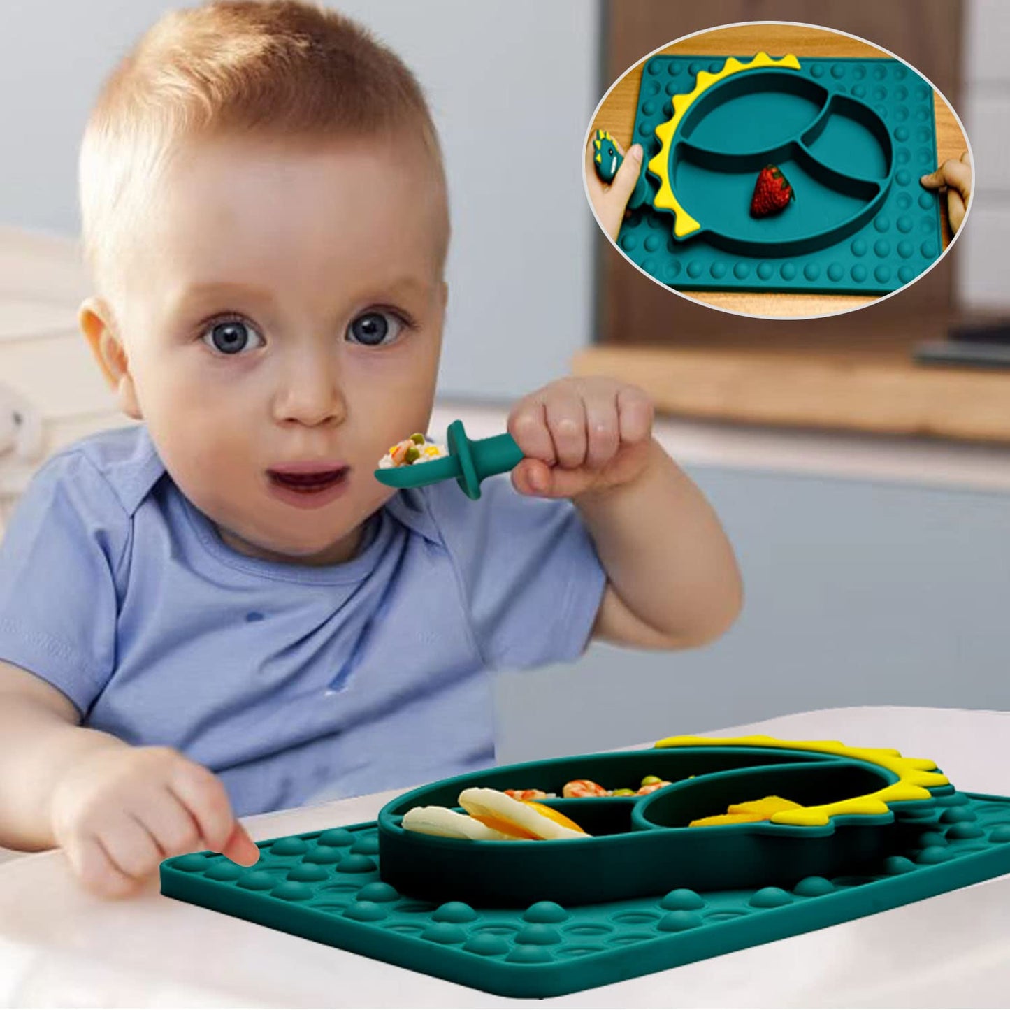 Nicingu Silicone Toddler Dinosaur Feeding Placemat Sets With Spoon And Forks,Baby Push Pop Bubble Suction Divided Plate Utensils