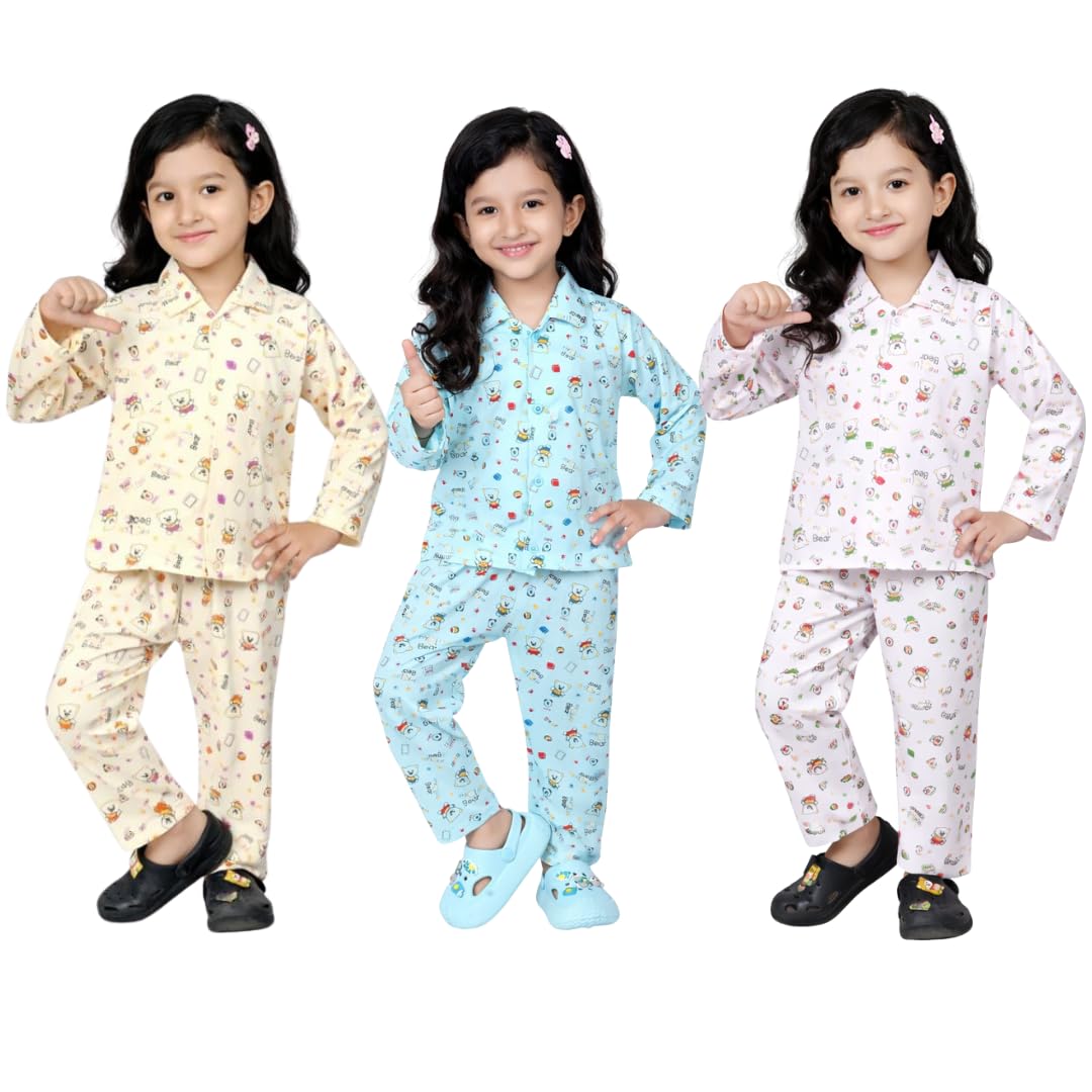 BORNLOV Girls Cotton Night Suit Set, Full Sleeves, Yellow, Blue and Pink Bear Printed Pajama Set, Pack of 3  (9 Years10 Years)