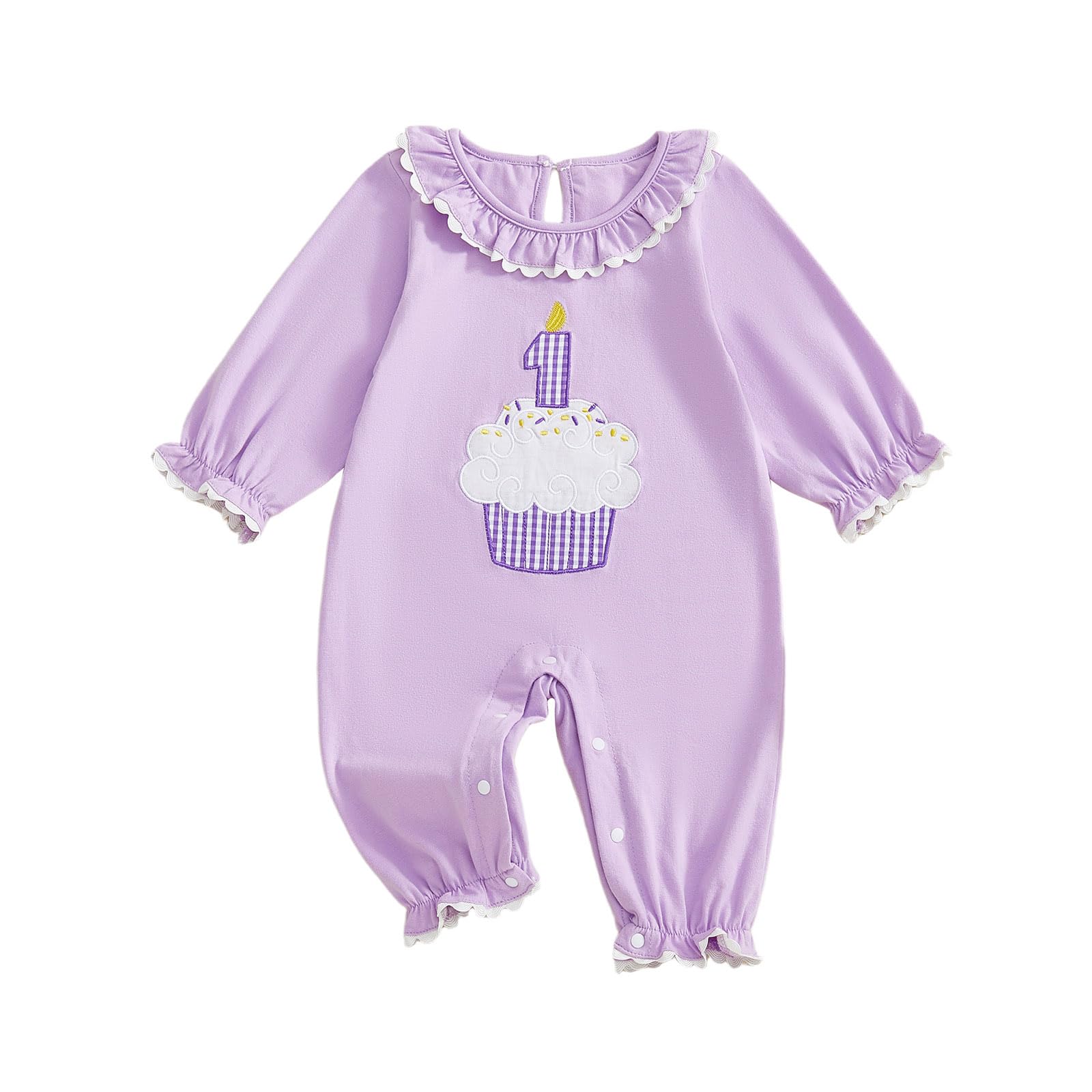 GOOCHEER First Birthday Baby Girl Outfit Fall 1 Cake Embroidery Ruffle Long Sleeve Romper Jumpsuit Cake Smash Clothes (Purple, 1