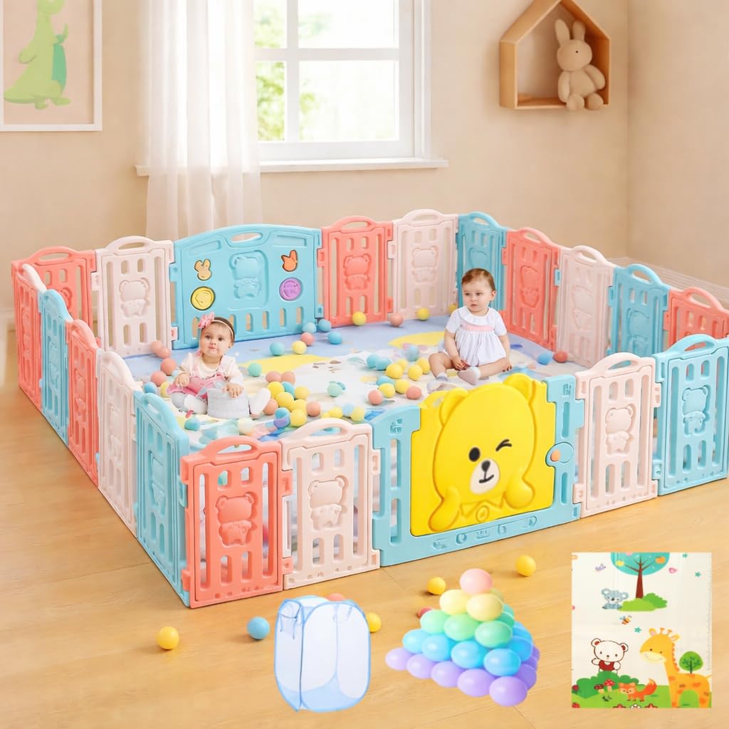 Hukimoyo Large Baby Playpen 18 Panels/36 Sq Ft Play Area Indoor Setup With Mat ,Balls | Play Yard For Babies 03 Years With Padd