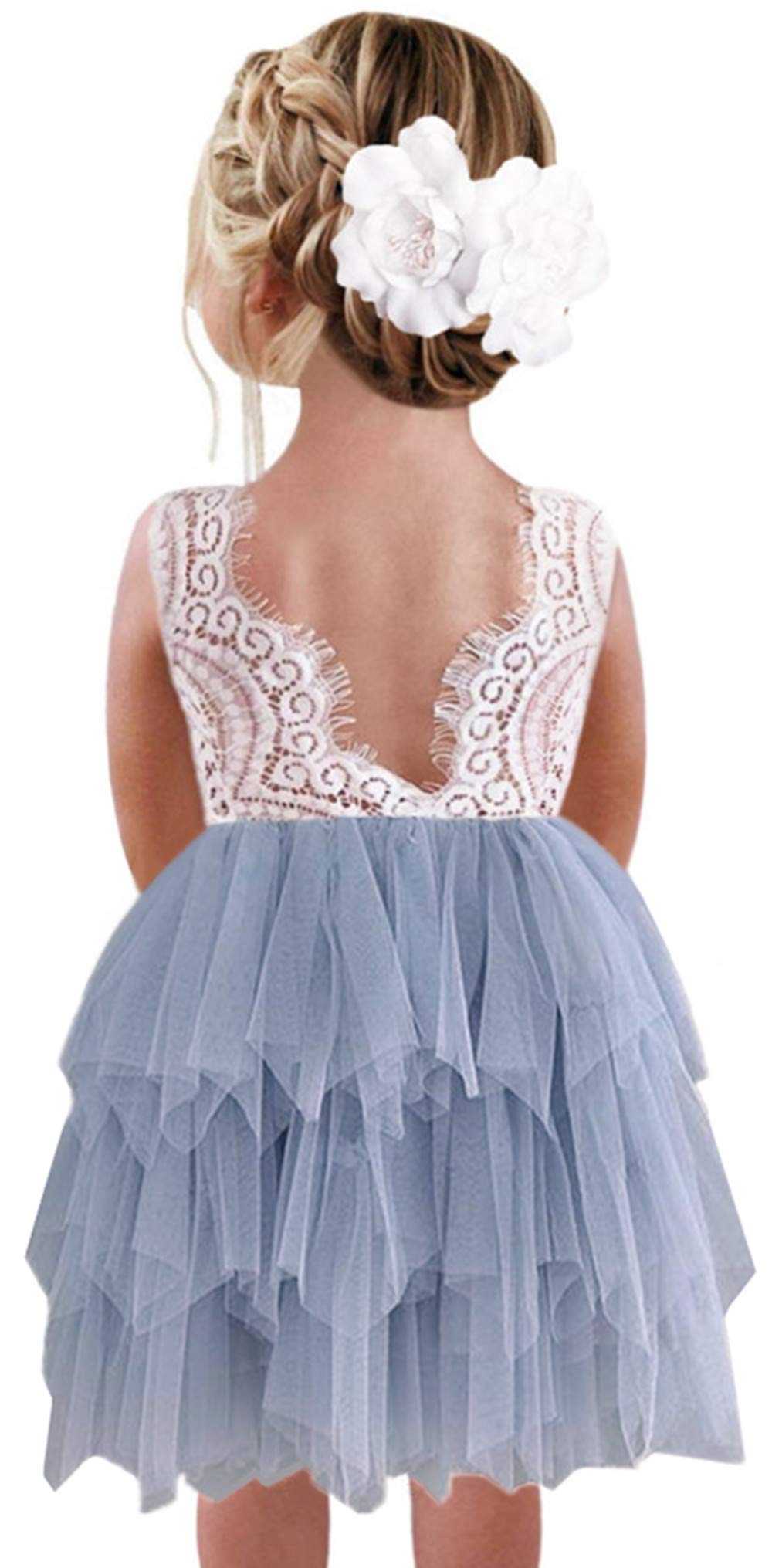 2Bunnies Girl Peony Lace Back A-Line Tiered Tutu Tulle Flower Girl Dress (Gray S