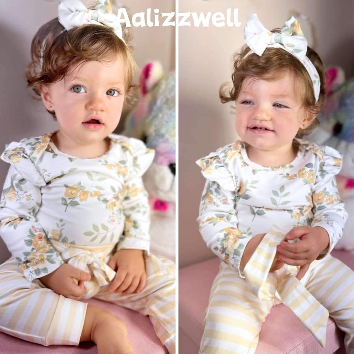 Aalizzwell Newborn Baby Girls Clothes Floral Long Sleeve Striped Fall Winter Spring Outfit Nb Yellow