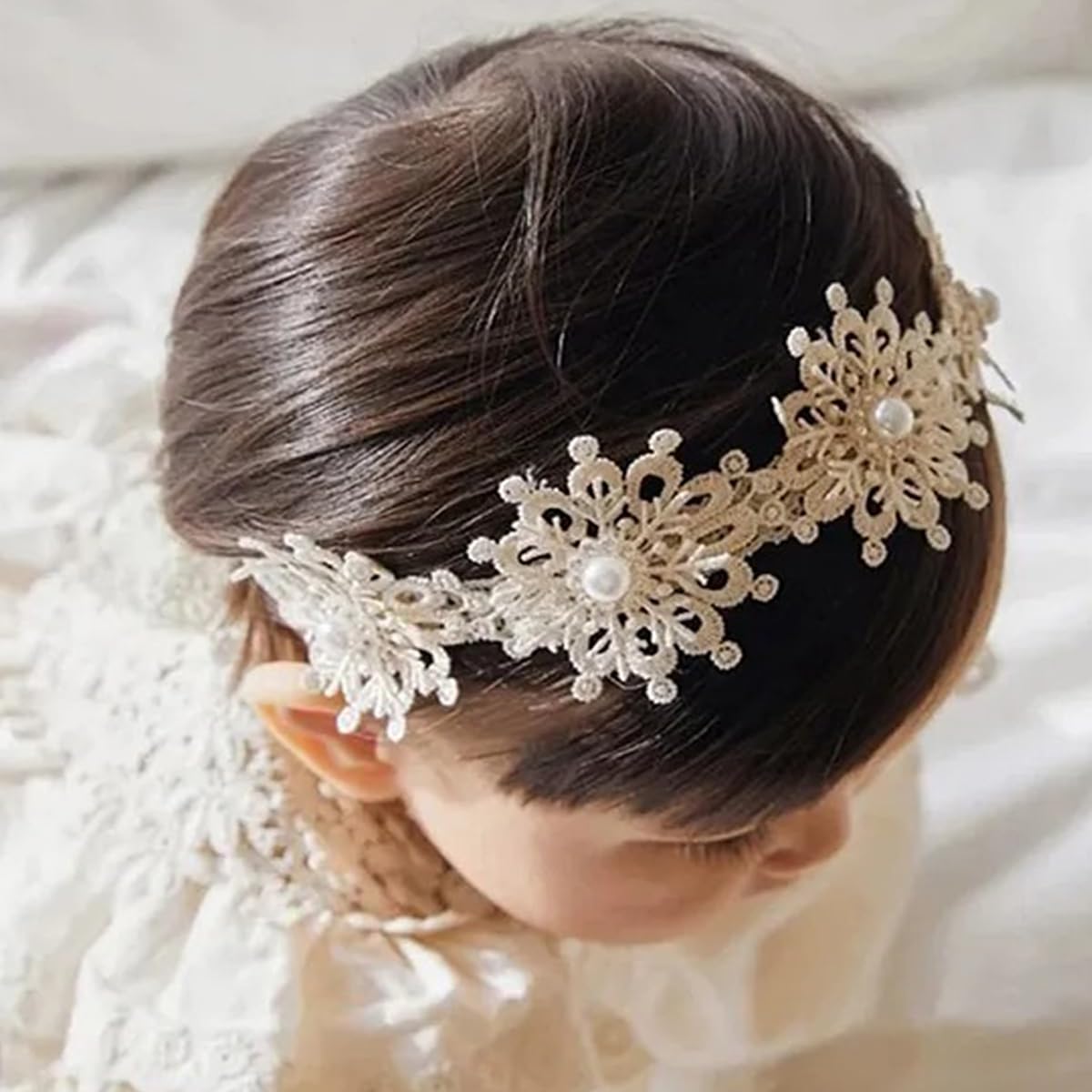Evonest Golden Pearl Floral Baby Girl Headband With Soft Elastic For 612 Months, Head Wrap Hair Accessories (Golden)