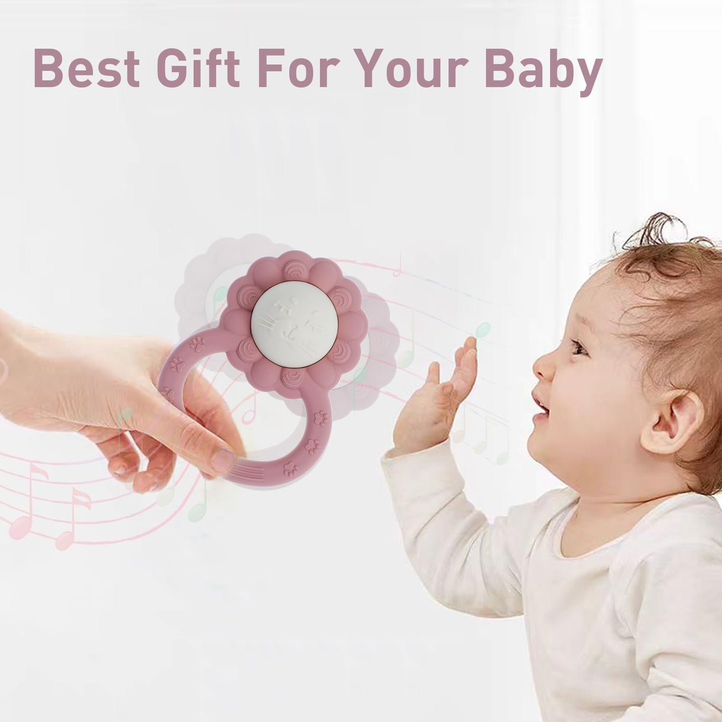 Dirbabi Rattle Teether, Lion Shape Montessori Baby Sensory Teething Toys, Food Grade Silicone BPA Free, Newborn Essentials Must