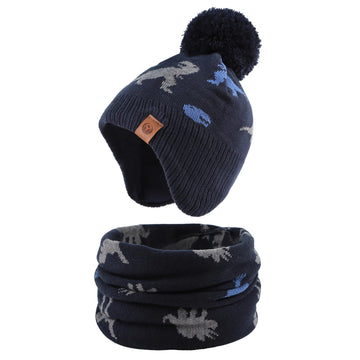 Jangannsa Knitted Baby Hat Scarf Set Winter Warm Boys Girls Beanie Fleece Lining Toddler Kids Hats With Pompom (Dinosaur Navy Ha