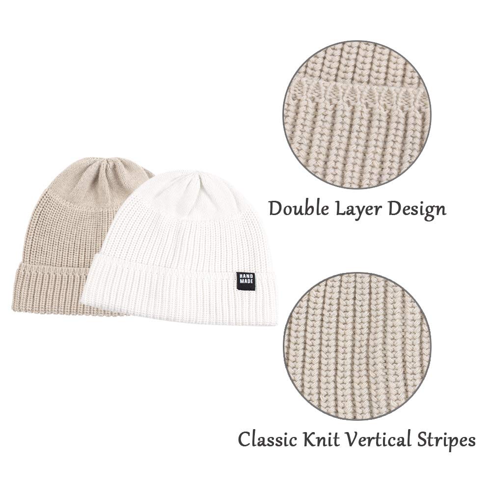 Simple Knitted Baby Beanie Hip-Hop Boys Winter Hat Toddler Kids Bonnet For Girls 0-5Y (White+Beige,L)