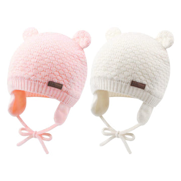 Duoyeree Kids Baby Hat Soft Warm Cable Knit Beanie Toddler Girl Fall Winter Hats (White And Pink, 0-6 Months)